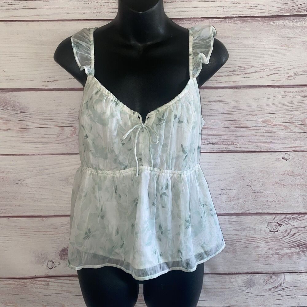 Hollister Womens XL Sheer White Floral Cami Top Tie Back Ruffle Y2K Coquette C1